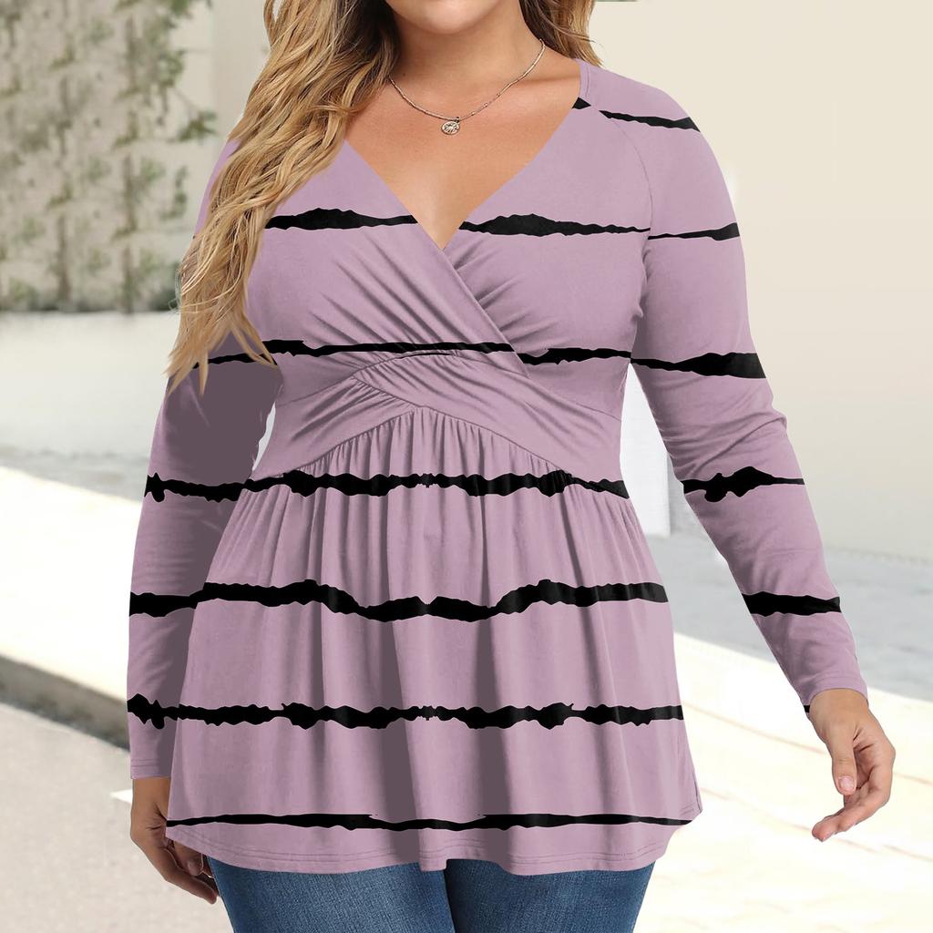 Women's Plus Size Shirt Long Sleeve  Print Top Pleated Casual V-Neck Top