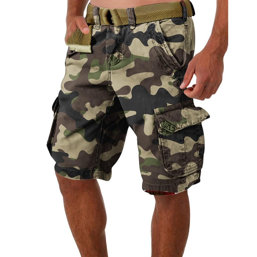 Herren Sommer Lockere Lässige Camouflage Arbeitsshorts, Übergröße Mehrfach-Taschen Mittellange Hose Ohne Gürtel