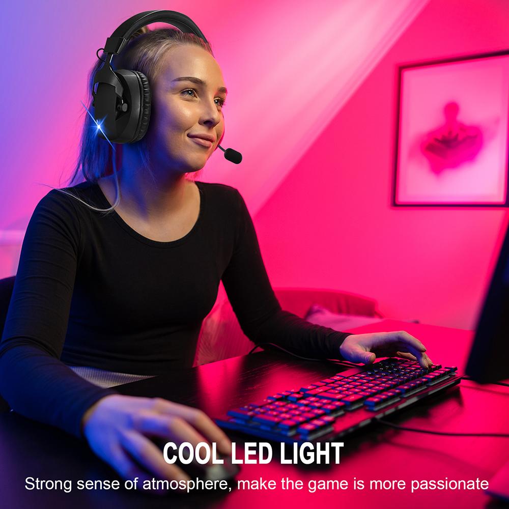 Gaming Headset,  -Mode Wired   2.4G Connection, Colorful LED Lights, Noise-Cancelling Microphone, Breathable Sponge, 50mm Driver, Lightweight
