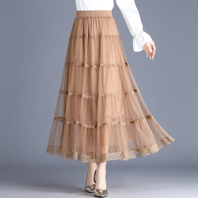 Qooth Damen Lässig Einfarbig Spitze Tüllrock Elegant Elastischer Bund Kuchen Mesh A-Linien-Rock Für Frühling Sommer QT2427