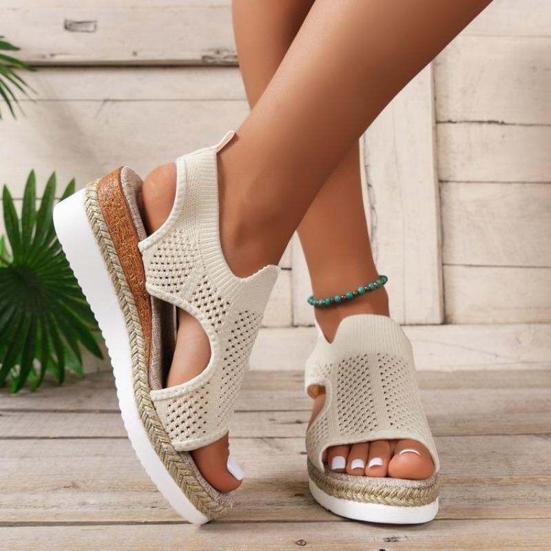 

Platform Sandals for Women Elastic Band Breathable Summer Female Wedge Sandals Retro Mesh Peep Toe Beach Sandals 36 бежевый