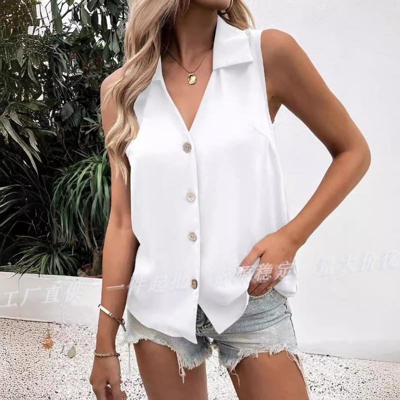 Women Lapel V Neck Sleeveless Single Breasted Button Down Vest Loose Solid Casual Satin Blouse S белый