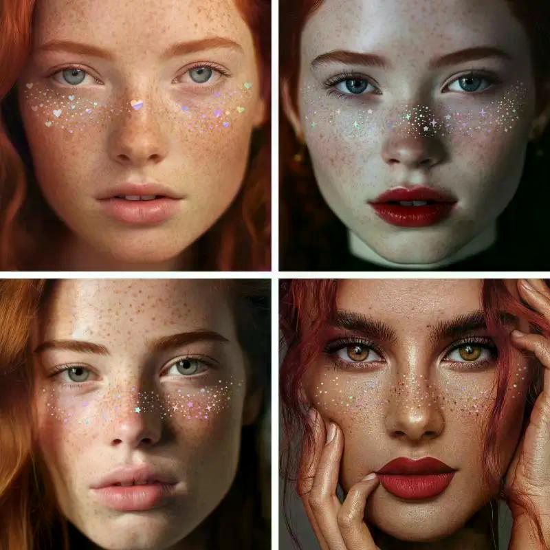 1 Blatt Glitzer- Sommersprossen Holografische Aufkleber Wasserdicht Herz-Sommersprossen Temporäre Tattoo-Aufkleber Gesicht Make-up