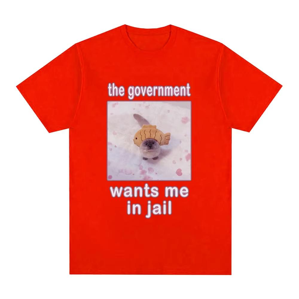 The Government Wants Me in Jail Funnt Cat Meme T Shirts Mens Women Fashion Harajuku Tshirt Cotton Casual Short Sleeve Tshirts