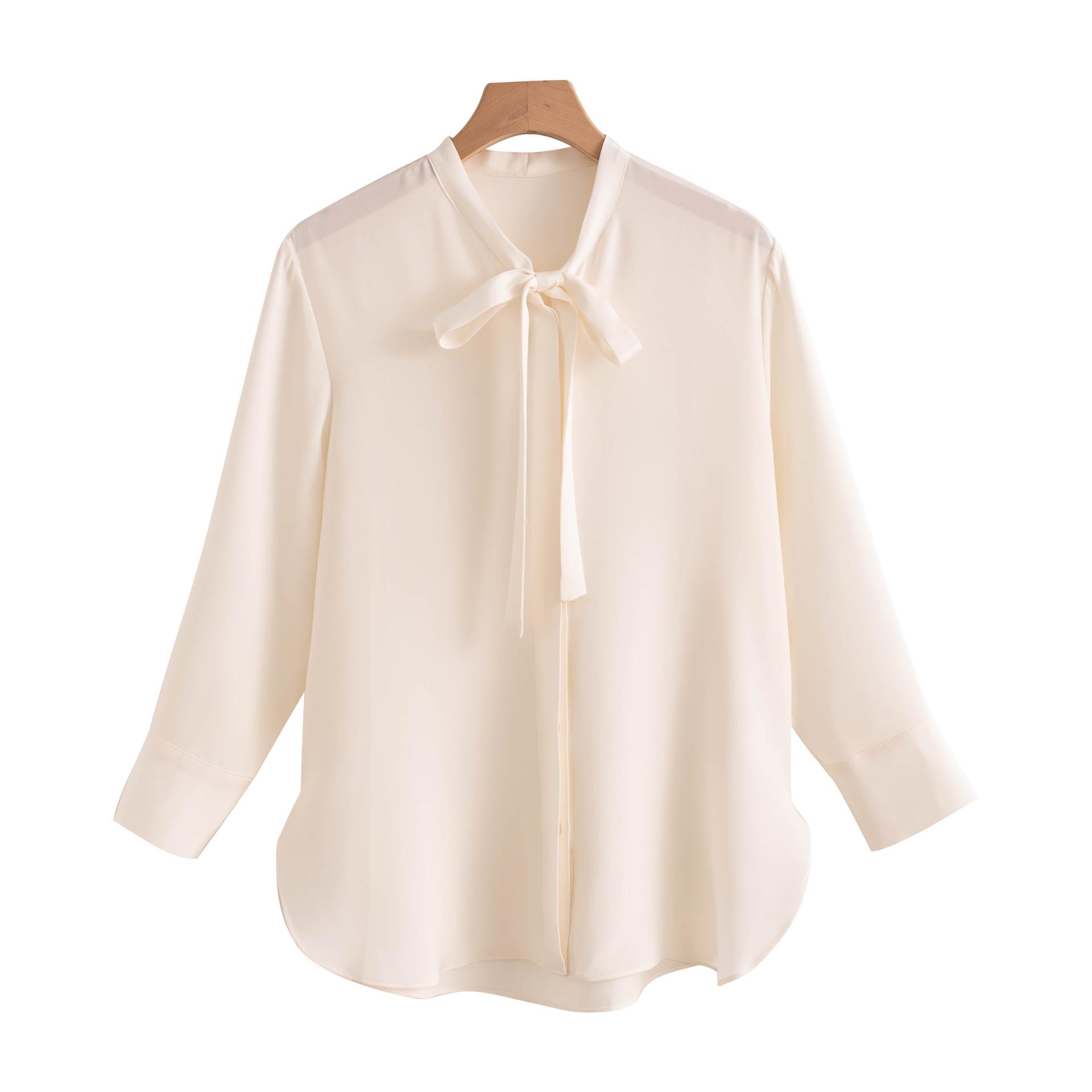 Spring drape satin shirt long-sleeved temperament shirt bow streamer professional wear thin temperament top M
