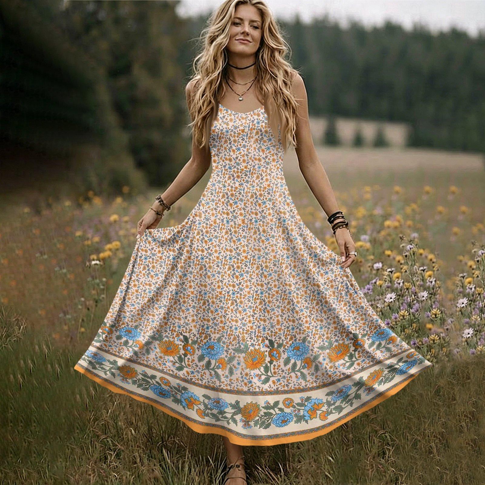 

Women V Neck Sleeveless Long Dress Summer Spaghetti Strap Maxi Dress with Floral Print Loose Fit Casual Style for Daily Wear XL бежевий