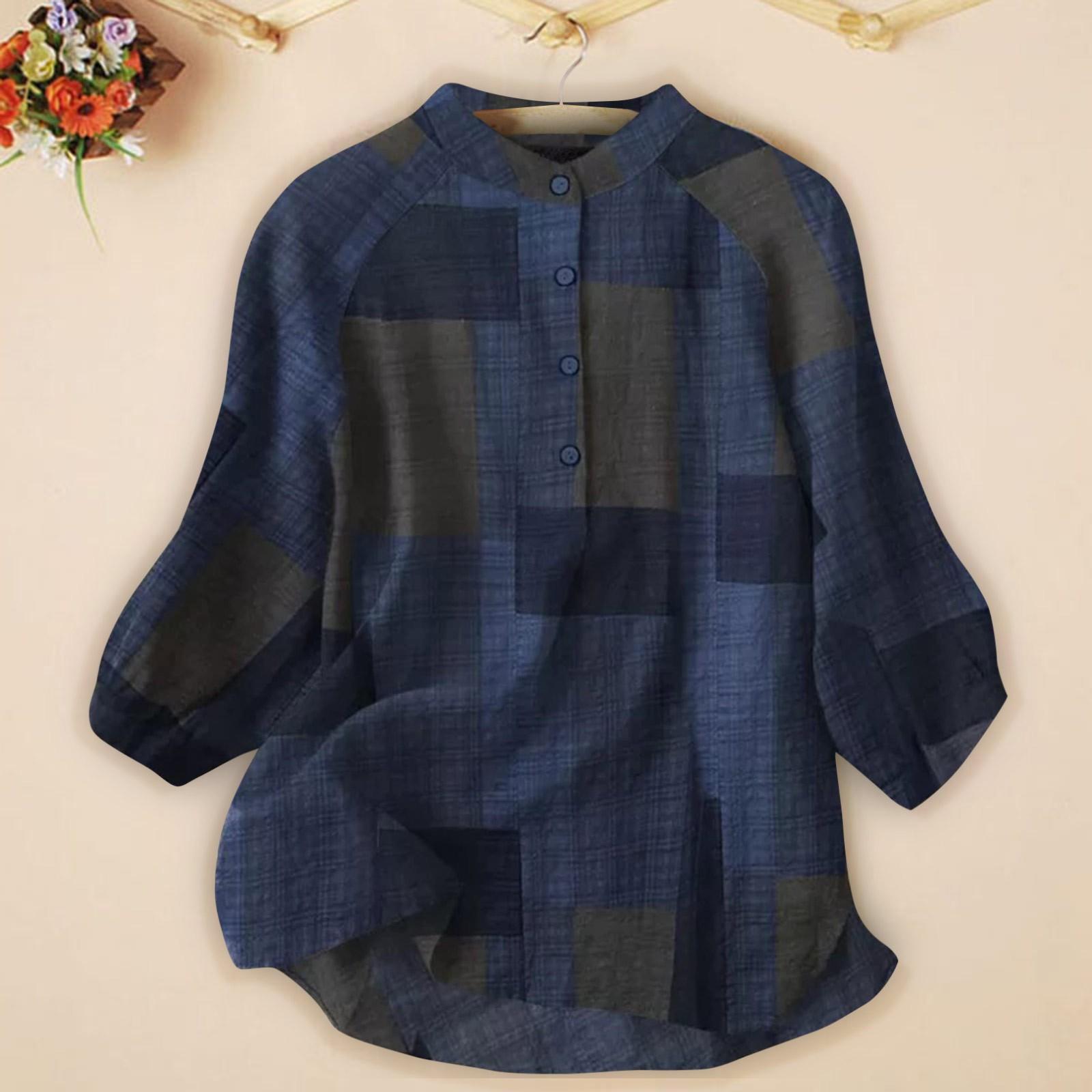 

Женские повседневные свободные рубашки с v-образным вырезом и рукавами 3/4, клетчатые льняные топы, футболки, футболки L синий