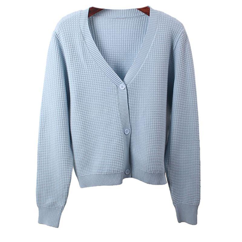Waffle Texture V Neck Autumn Long Sleeves Cardigan Soft Glutinous Two Wool Core-Spun Yarn Normcore Pure Color Knitting Outwear