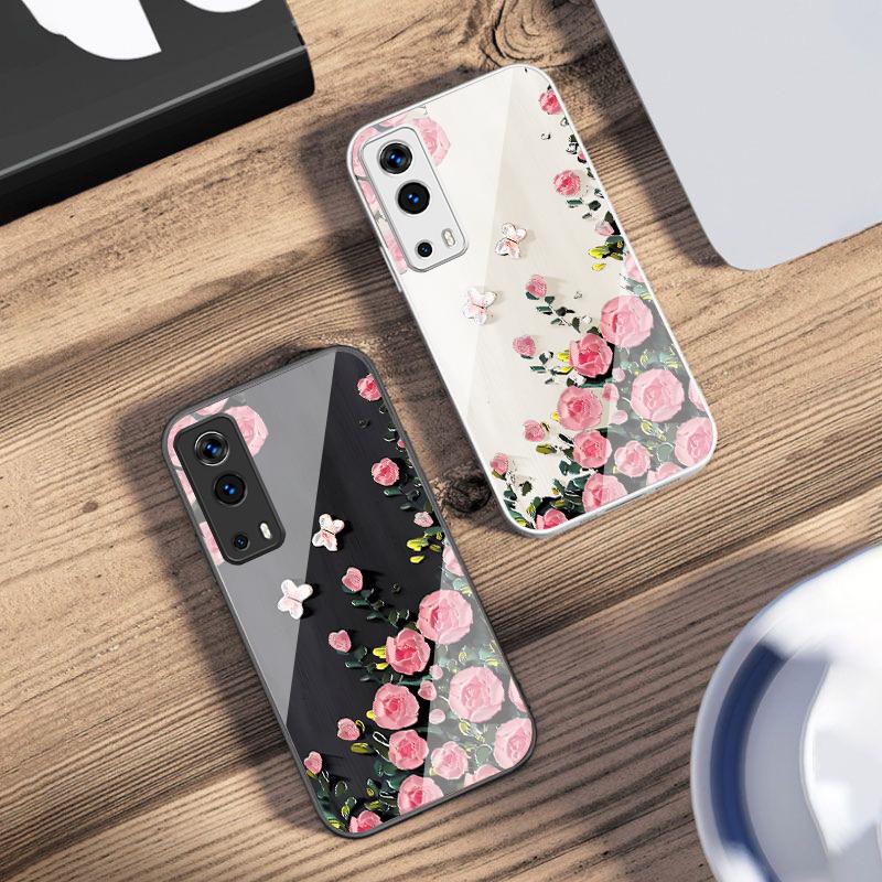 Rose Butterfly Rose Purple For Vivo Y76 16 55 V29 Lite 5G 25 23 30 IQOO Z9X 12 Pro Neo X200 100 90 60 Tempered Glass Phone Case