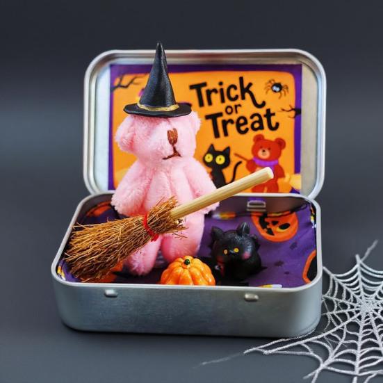 Halloween Bear In A Box for Trick or Treat Handmade Witch Bear In Box Miniature Plush Bear with Witch Hat Broom Pumpkin Cat for Halloween Party