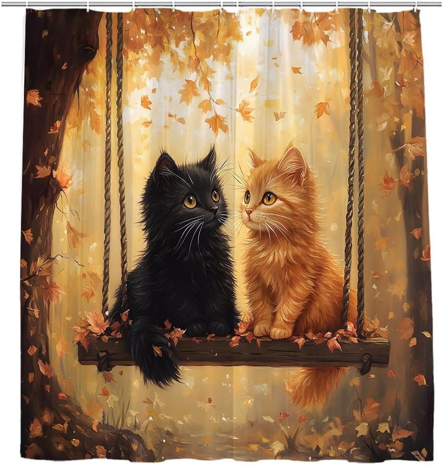 Fall Cat Shower Curtain Cute Kitten Yellow Orange Maple Leaves Falling Leaf Autumn Funny Animal Rustic Farmhouse Thanksgiving 90x180CM