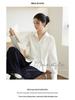 Women's White Cotton Shirt, Loose Fit, Lapel, Cinched Waist, Patchwork, Elegant, Versatile, Slimming, Long Sleeve