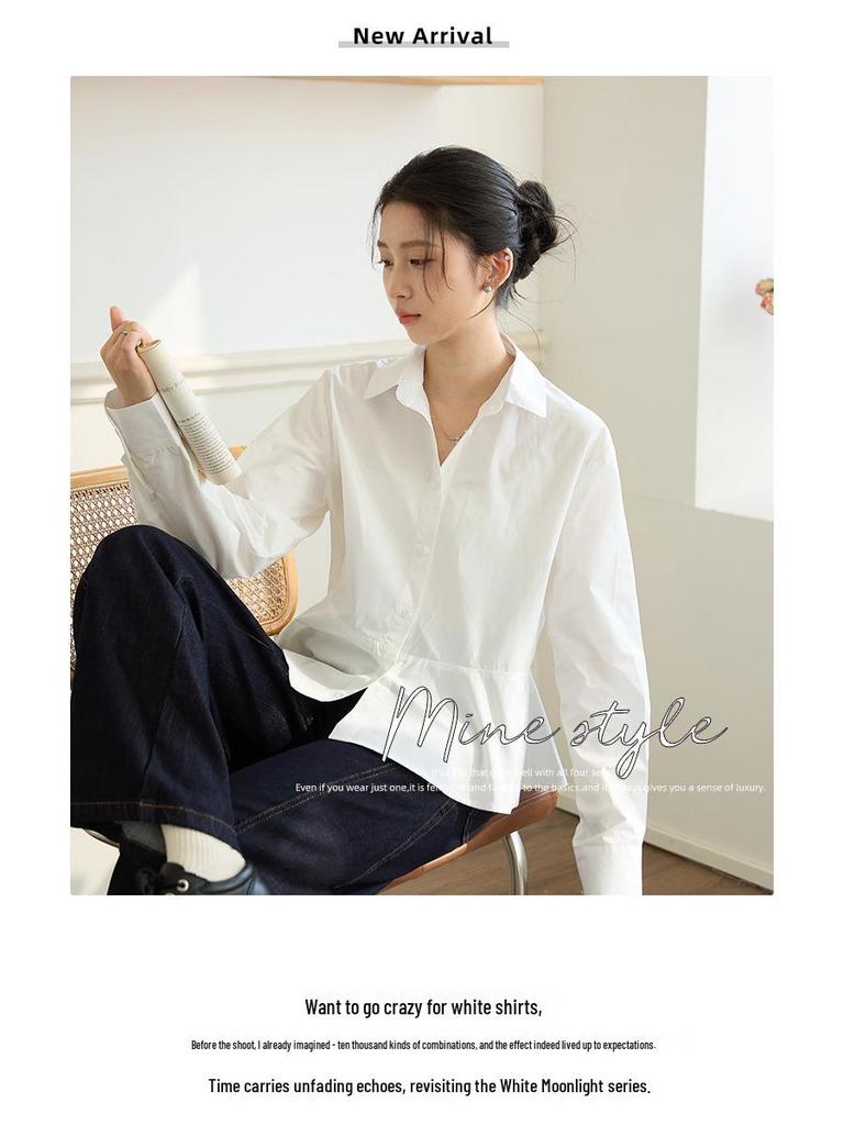 Women's White Cotton Shirt, Loose Fit, Lapel, Cinched Waist, Patchwork, Elegant, Versatile, Slimming, Long Sleeve