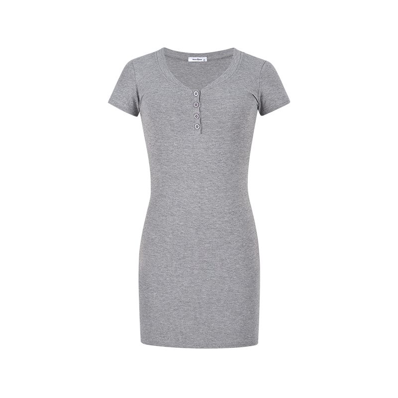 

Kumikumi Pure Desire Style Short sleeve V-neck Gray Dress Women Summer Waist Hugging Slimming A- line Skirt Hip Skirt Short dress Gray L