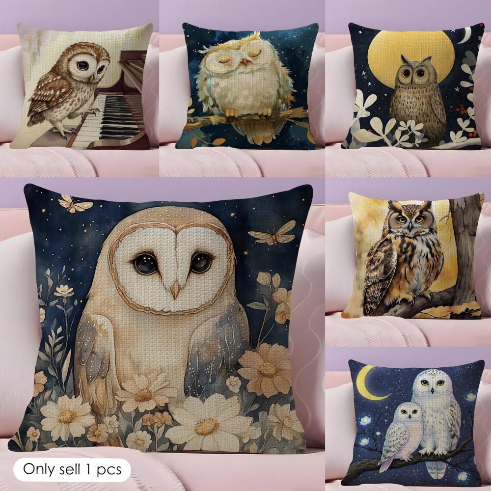 Jessica Chen Unisex Owl Painting Cushion Cover Natural Linen Pillow Cover Double-Sided Print Cushion Cover For Sofa Home Decor