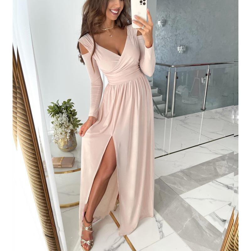 QICED Kadın Moda Sonbahar Kış Düz Renk Baskı Uzun Kollu V Yaka Günlük Elbiseler