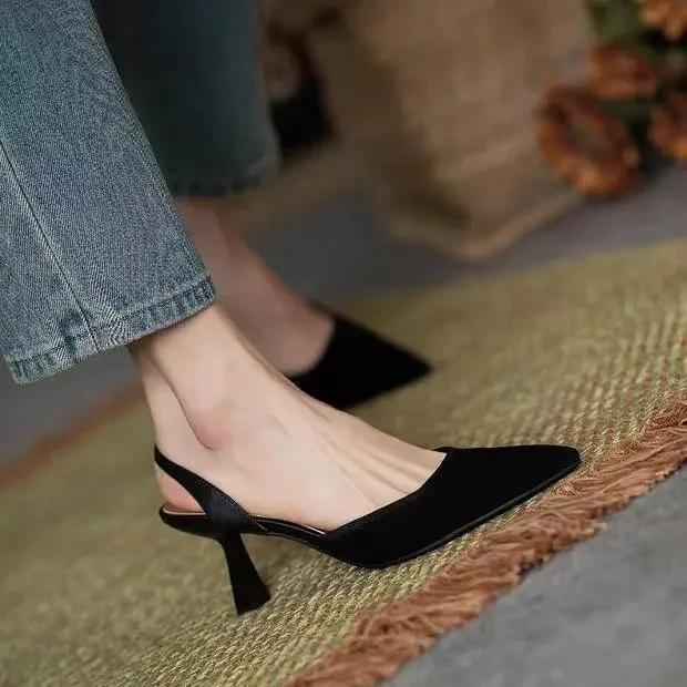 

Fashion Shoes for Women Mid Heels Pointed Toe Slingback Sandals for Ladies Retro Green Color Summer zapatos de mujer Outdoor Dress 34 чёрный