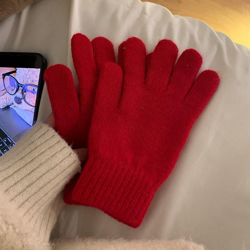 

Pure Color Knitting Female Cycling Cold Protection Finger Student Gloves Red All yards