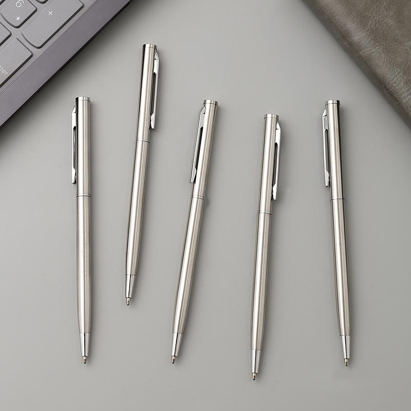 Durable Medium Nib Twist Top Design Smooth Writing Perfect Ballpoint Pens 5Pcs Elegant Silver Stainless Steel Ballpoint Pens