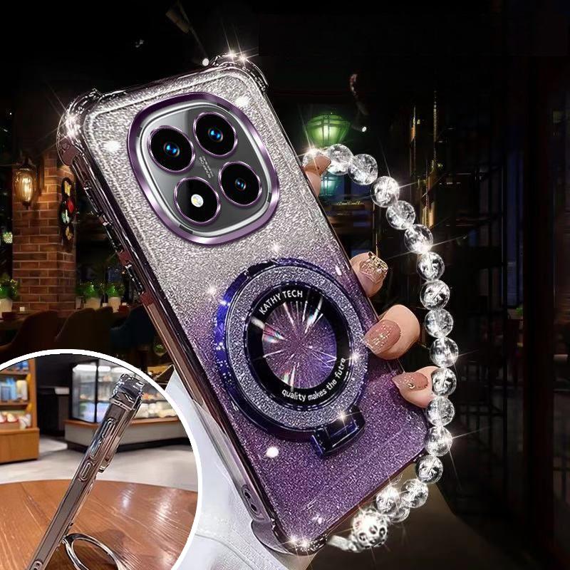 Glitter Magnetic Holder Bracket Case For Xiaomi Redmi Note 14 15 Pro Plus 15 15C 14C 14S 4G 5G Crystal Bracelet Silicone Cover
