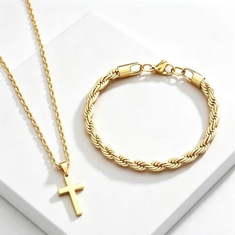 Temu Stainless Steel Hip Hop Cross Pendant Necklace & Bracelet Set
