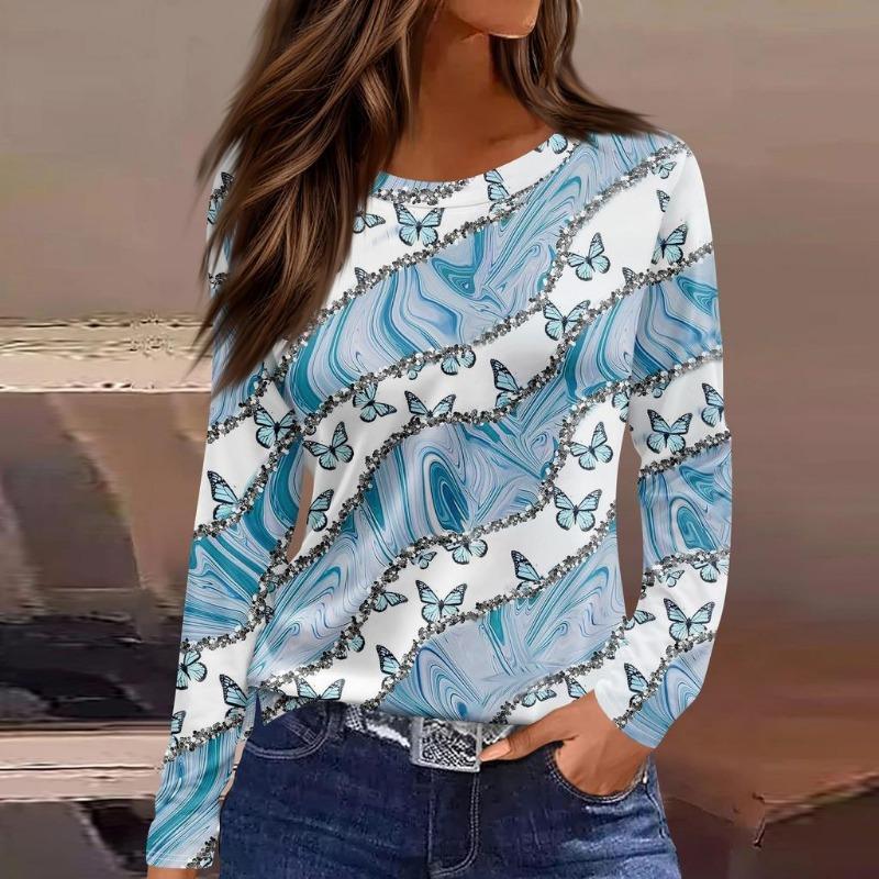 Women's Long Sleeved T-shirt 3D Printed Gradient Print Fashionable Round Neck Top T-shirt