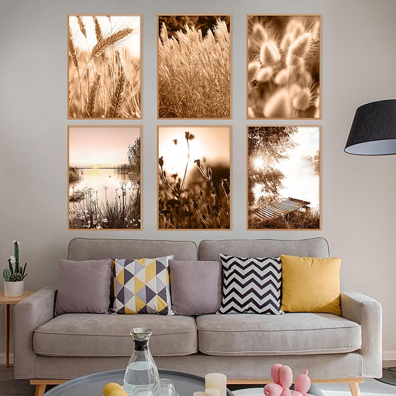 Canvas Painting Autumn Natural Poster Sunset Tree House Grass Reed Wheat Wall Art Print Pictures Living Room Home Decor