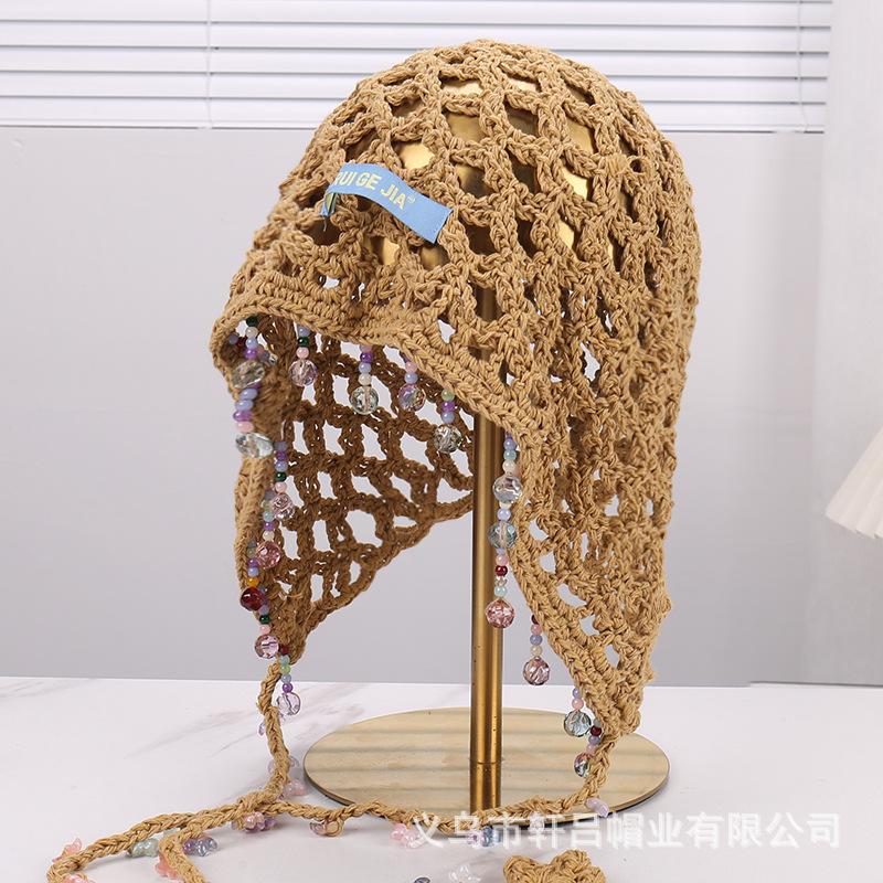 New ethnic style pearl fringed pendant hollow knitted wool hat women's summer outdoor sunshade sunscreen headgear