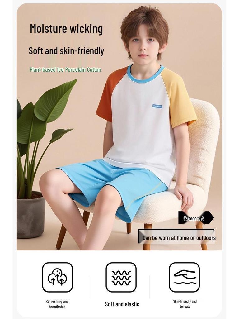 Kids' Summer Cotton Pajamas: Boys' Short Sleeve Lightweight Home Set for Tweens