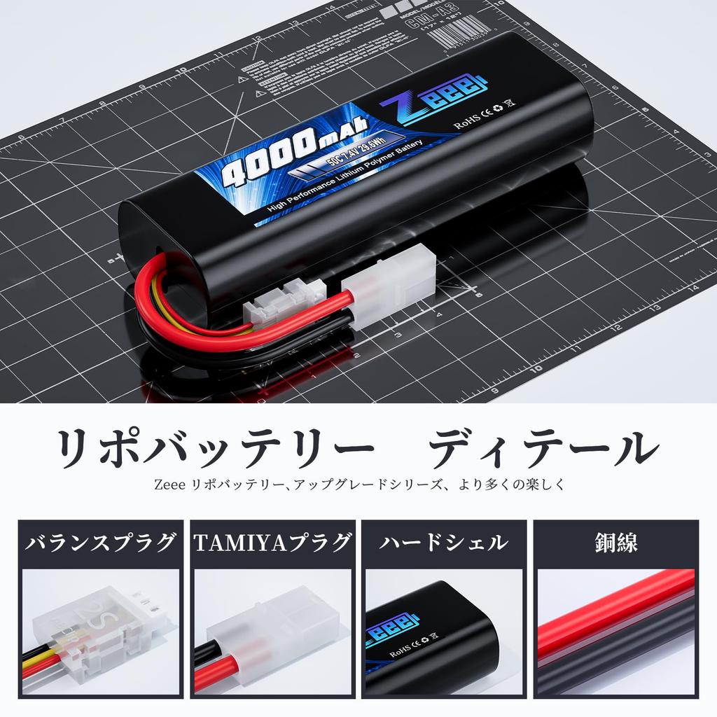 Zeee 2S 7.4V 4000mAh 50C LiPo Battery with TAMIYA Plug, High Capacity, for RC Cars, Trucks, and More