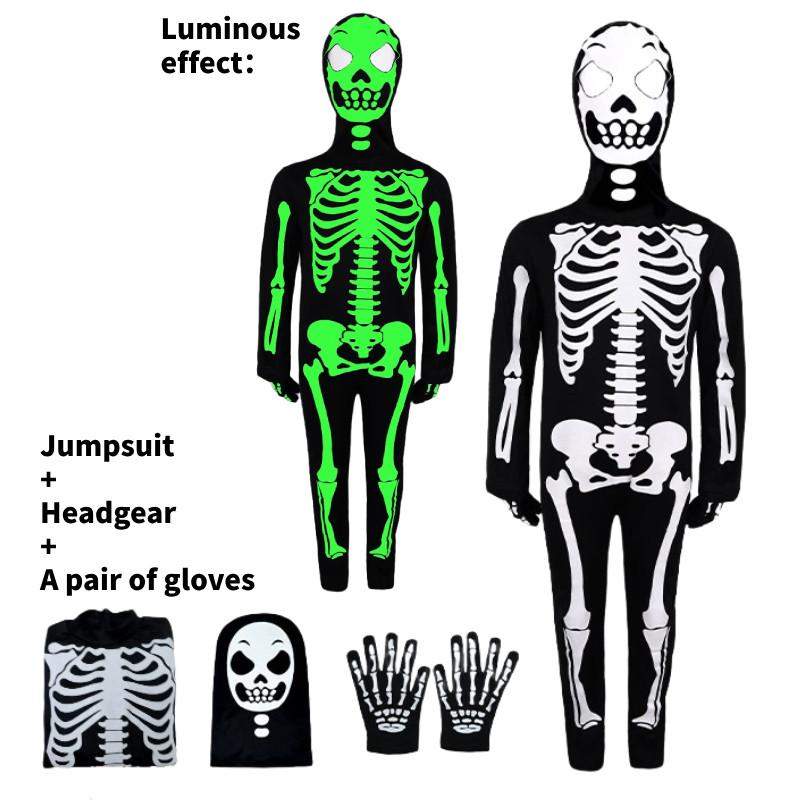 Luminous Halloween Skull Skeleton Child Cosplay Costume Jumpsuits Cloak Party