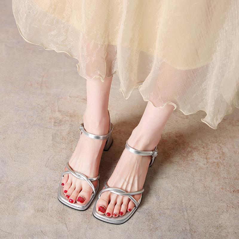 Fashion Simple Block Heel Sandals Women's Summer New Square Toe Thin Strap One Buckle Non-slip Wear-resistant High Heels