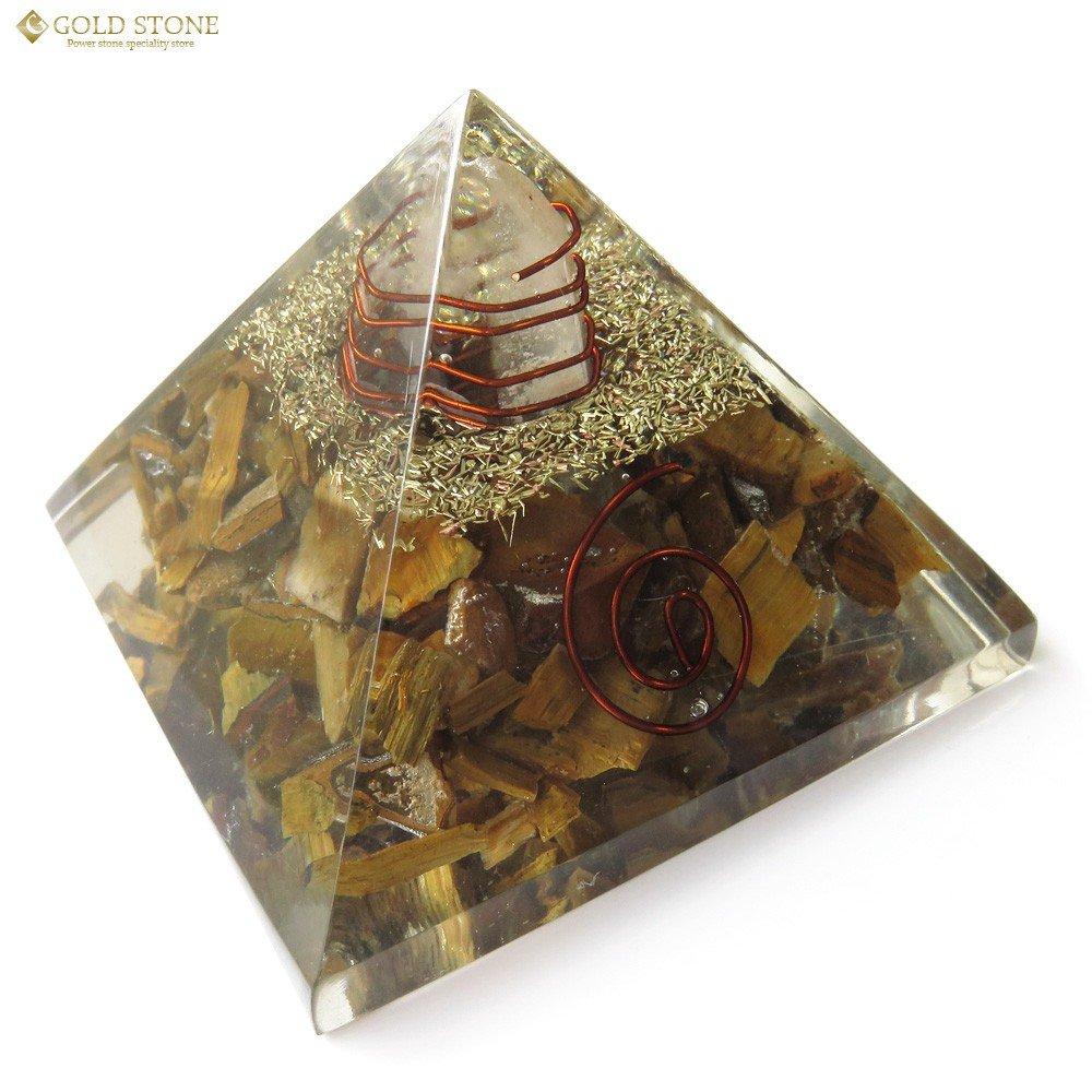 [GOLD STONE] Tiger Eye Orgonite Pyramid with Single Crystal Quartz, Spiritual Item, Approximately 55mm Wide