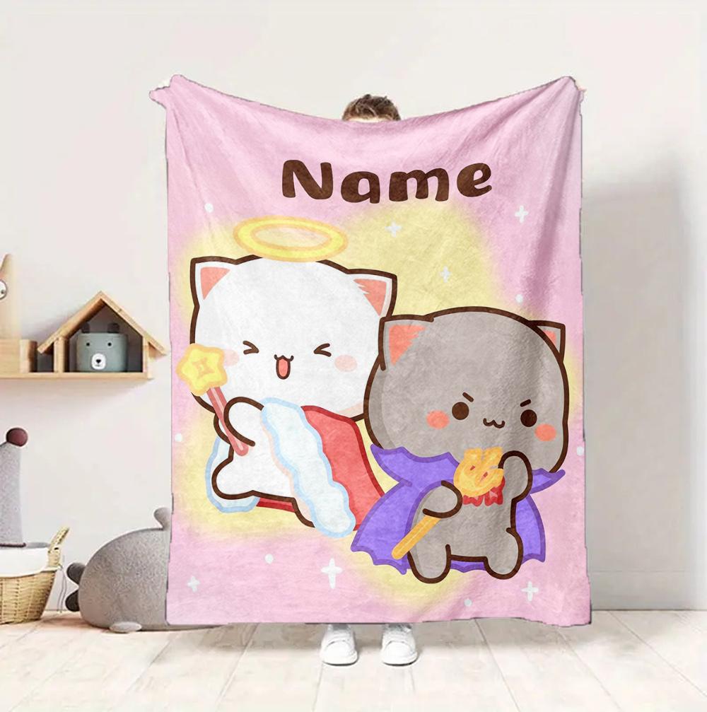 Custom Name Angel Cats Flannel Blanket Throw Blanket Soft Warm Sofa Bed Home Decor Unique Gift