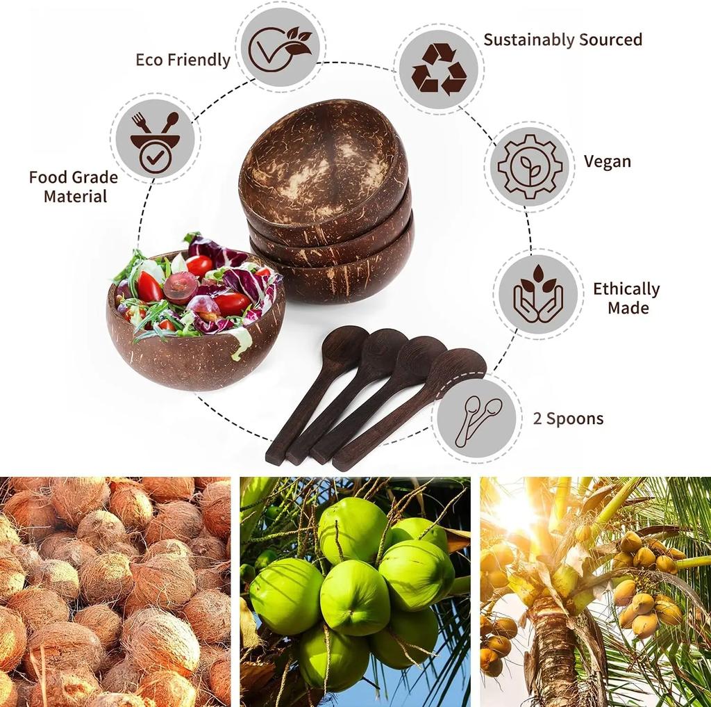 Boluri din nucă de cocos pentru servire vesela Salată din lemn Bol reutilizabil din lemn Ustensile de servire Boluri cu coajă de cocos naturală Petrecere mic dejun