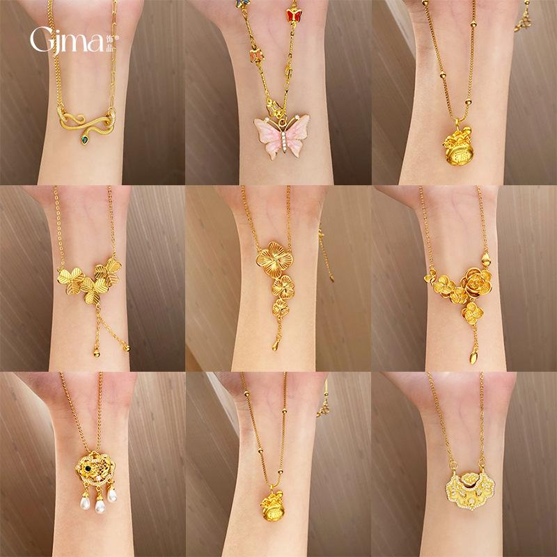 Electroplated zircon serpentine flower butterfly safety lock pearl necklace medieval collarbone chain new Chinese necklace women