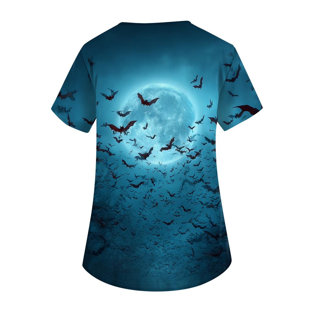 Damenmode Kurzarm Halloween Bedruckt V-Ausschnitt Tasche Arbeitskleidung Tops