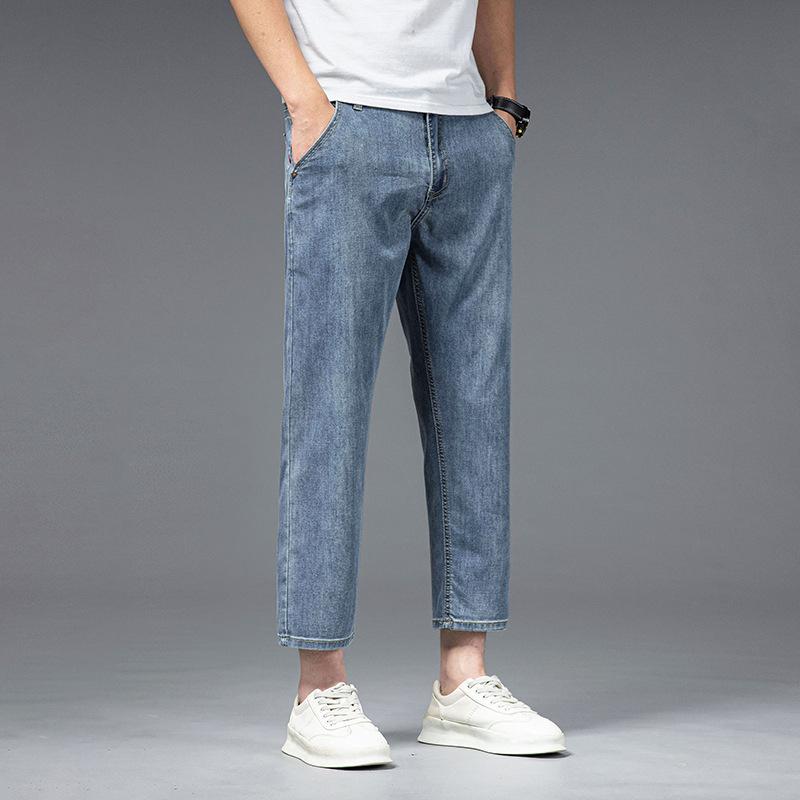 Summer eight-point jeans men's thin Tencel cotton loose straight high-end soft and comfortable casual nine-point pants