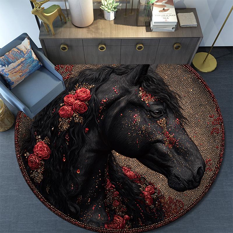 Schwarzes Pferd Runder Teppich, Teppich für Wohnzimmer Schlafzimmer Sofa Spielzimmer Dekor, Rutschfeste Fußmatte