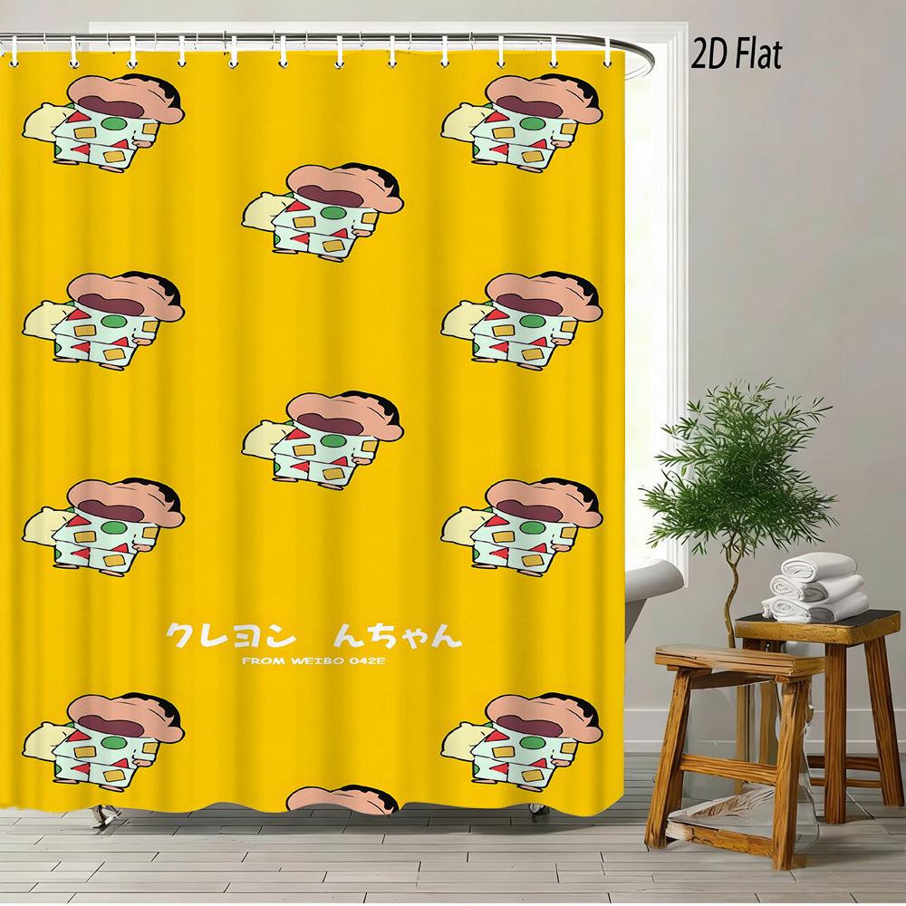 Crayon Shin-Chan & Friends Adventure 2D Print Waterproof Shower Curtain, Anime Bathroom Decor With Hooks