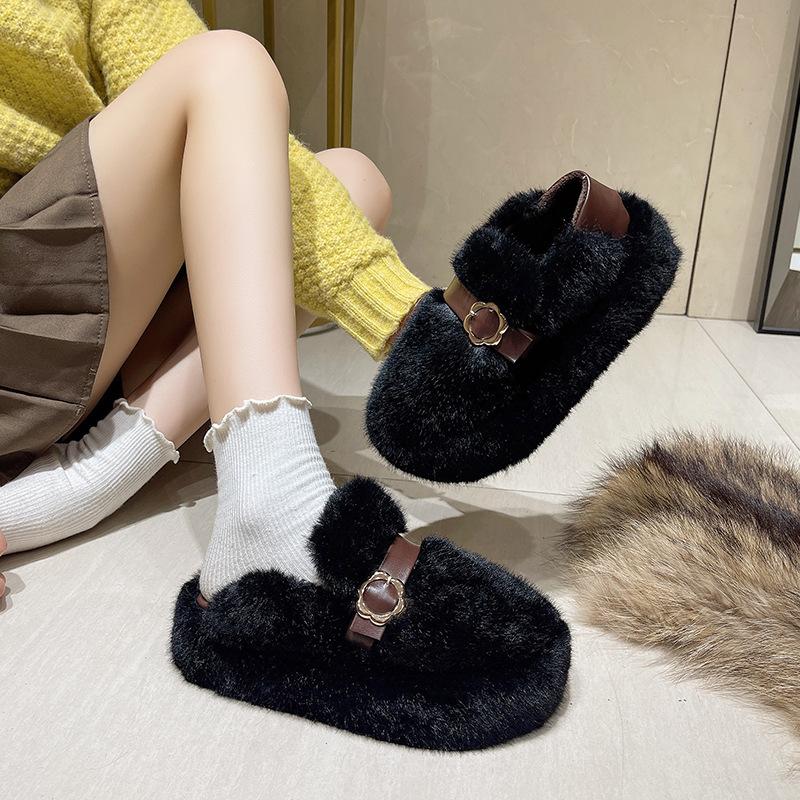 Lamb Wool Warm Wool Shoes Women's 2025 New Winter Thick-soled Belt Buckle, Velvet Warm One-pedal Cotton Shoes