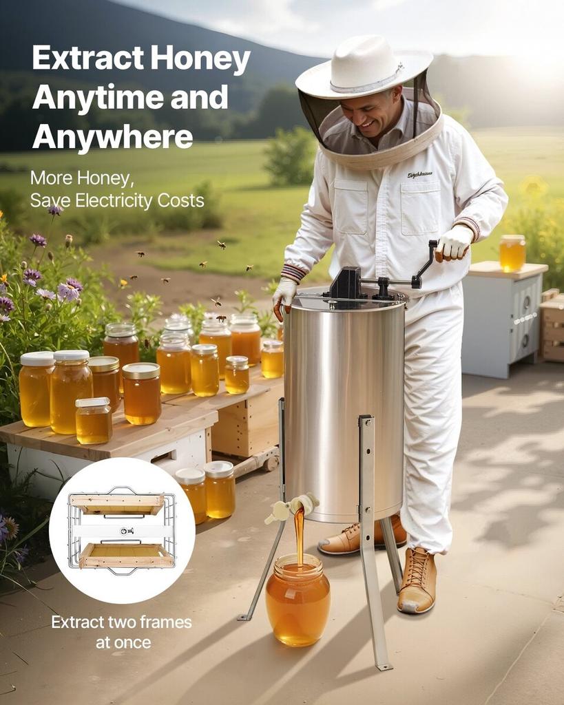 Manual Honey Extractor 2 Frame Honey Spinner Beekeeping Stainless Steel