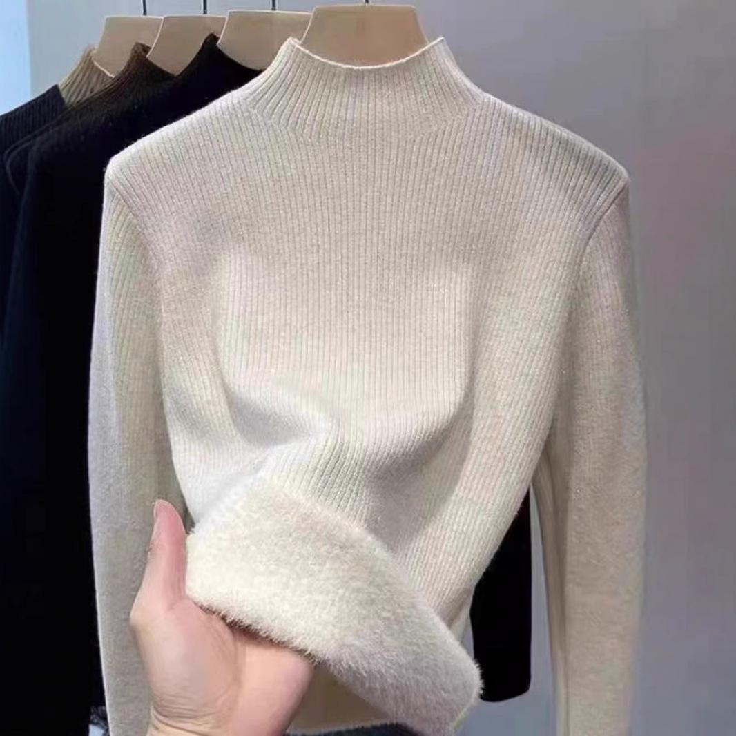 

Новый женский зимний свитер с высоким воротом, элегантный, утолщенный, бархатный, на подкладке, теплый, трикотажный свитер из джерси, тонкий, трикотажный джемпер One size белый