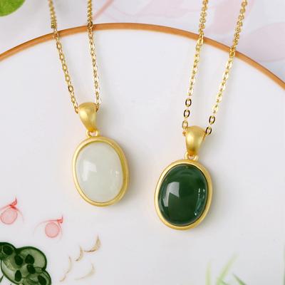 Hetian Jade Oval Pendant Female S925 Silver-plated Simple Geometric Necklace with White Jade and Jasper