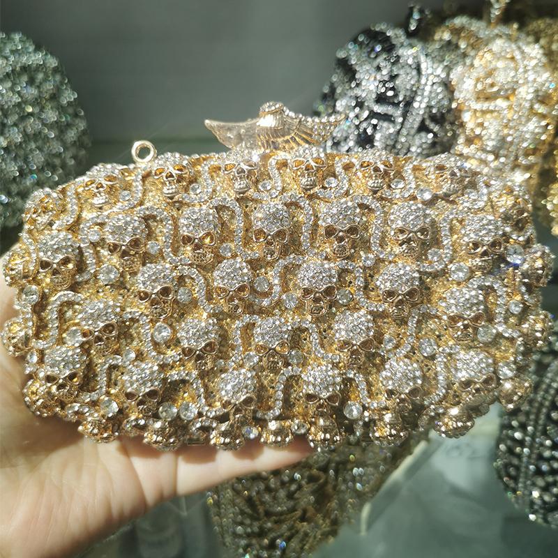 WHTUOHENG Skull Shape White Crystal Black Purse For Party Prom Handbags Luxury Mini Diamond Dinner Clutches Desgin Cocktail Bags
