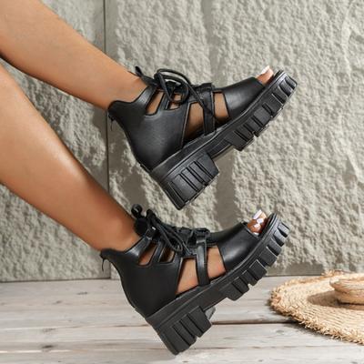 Fashion 2025 Women's High Heel Sandals New Block Heel Buckle Casual Fish Mouth Breathable Hollow Heels Women's Shoes Zapatos De Mujer