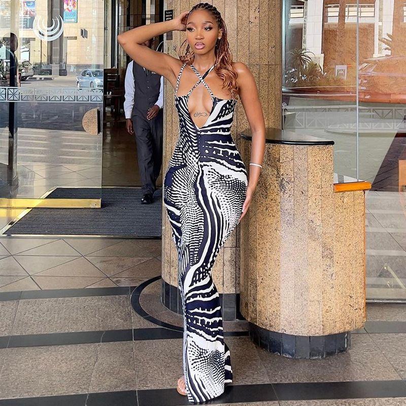 

Fashion Style Female Fashion Street Summer New Sexy V-neck Slim Fit Backless Split Sling Club Wear Dress Tide Black S