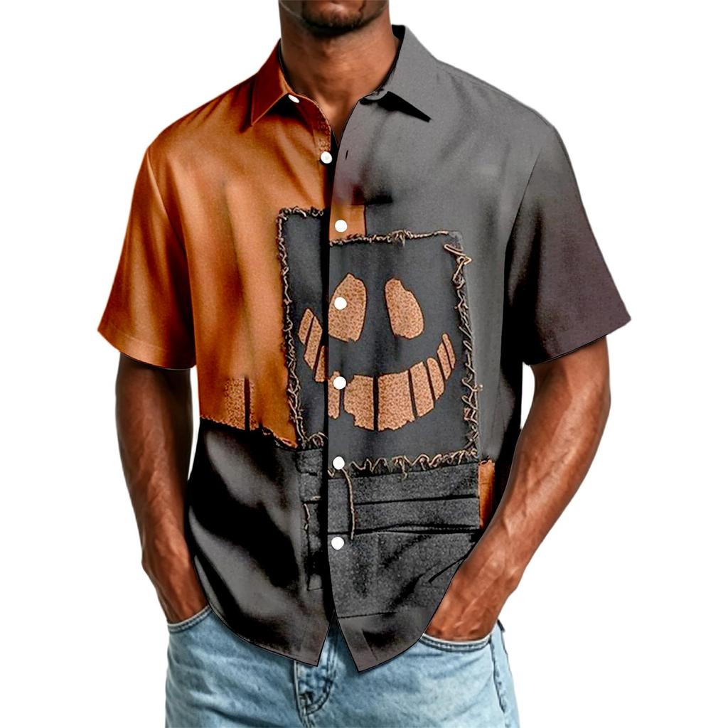 Men's Casual Short Sleeve Button Down Shirt Halloween Themed Printed Top Lightweight Breathable Fabric Relaxed Fit
