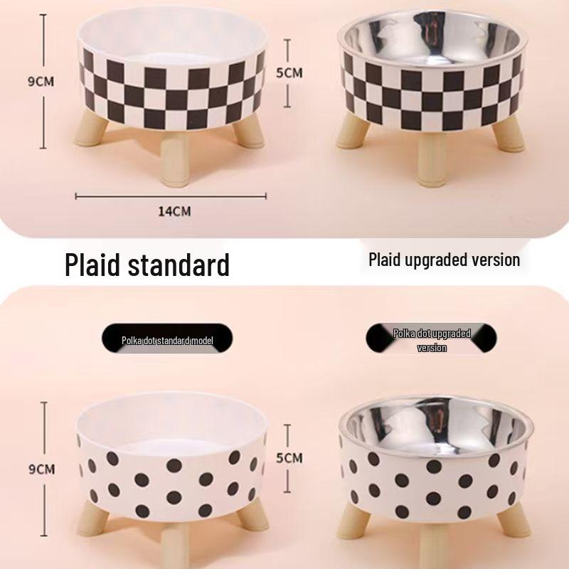 Polka Dot High-Footed Stainless Steel Pet Bowl - Anti-Spill, Neck Protection for Cats & Dogs