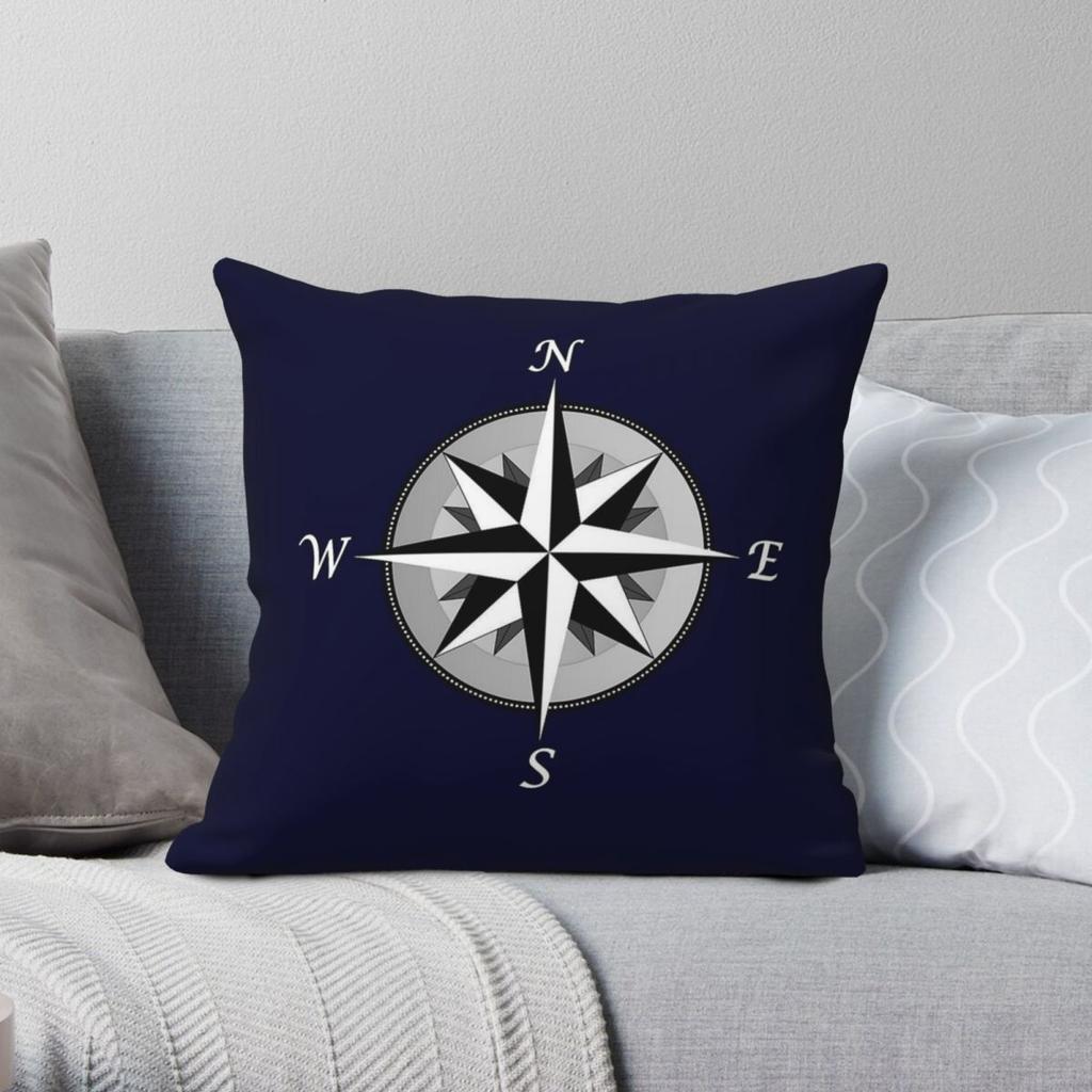 Navy Blue Compass Rose Fancy Square Pillowcase Polyester Linen Velvet Pattern Zip Decor Pillow Case Room Cushion Case